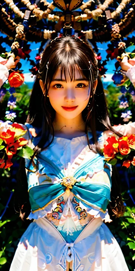 beautiful lots of flowers々、brunette girl, big smile, very beautiful shining eyes、girl hanging from ceiling with arms tied with r...