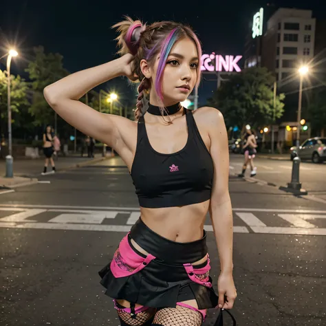 Colorful mini skirt, pigtail hairstyle, ripped leggings, fishnet tanktop, rave girl