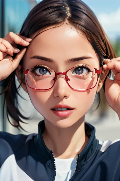 (masterpiece, highest quality), One girl,  Satou, Satou, Glasses, Glasses with red frames, Under-rim eyewear, Satou, Glasses, Glasses with red frames, Under-rim eyewear, Track jacket, Track pants