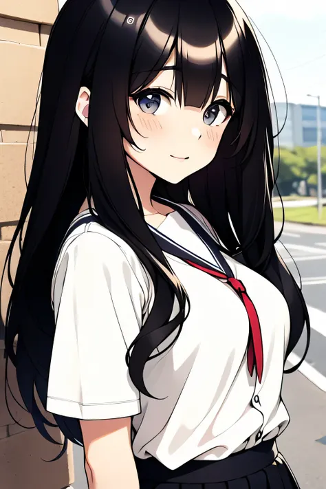 A girl is in、sobu、brightly、The shirt、skirt by the、Summer clothing、Morning、Long black hair、Upper body portrait