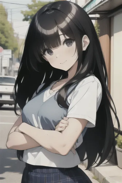 A girl is in、sobu、brightly、The shirt、skirt by the、Summer clothing、Morning、Long black hair、Upper body portrait