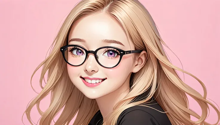 best quality, Illustration, 7s years teen woman, solo, cartoon portrait, simple background, blonde long hair fluttering hair, pink lips, black shirt, black glasses, smile on her face, beautiful eyes with a look