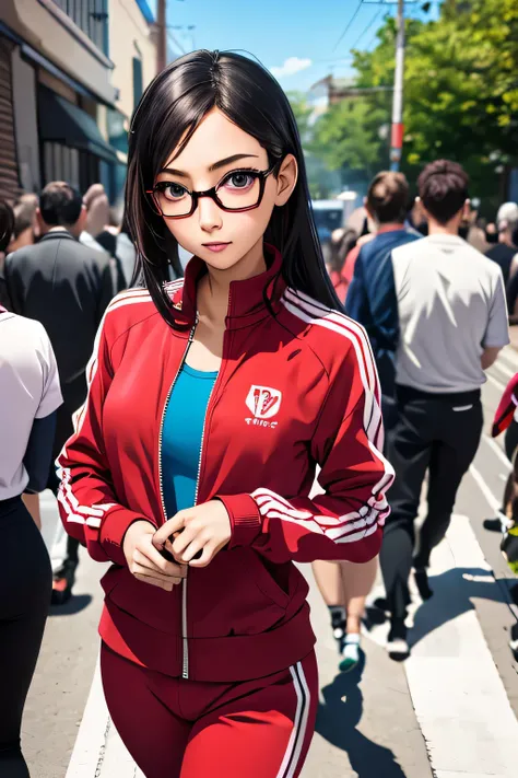 (masterpiece, highest quality), One girl,  Satou, Satou, Glasses, Glasses with red frames, Under-rim eyewear, Satou, Glasses, Glasses with red frames, Under-rim eyewear, Track jacket, Track pants