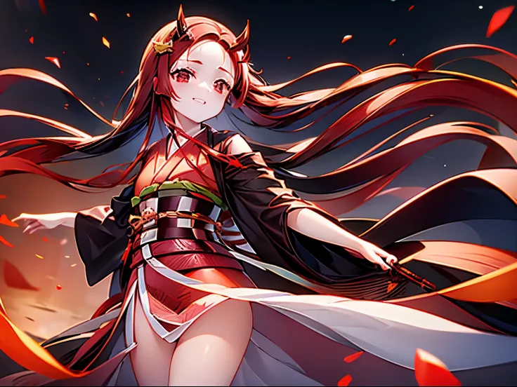 (((good quality))), (((high quality))), red hair, red eyes, katana in right hand, red katana, orange kimono with red cloak, blac...