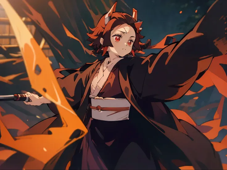 (((Good Quality))), (((High quality))), Red Hair, Red Eyes, Katana in right hand, Red katana, Orange kimono with red cloak, black horns.