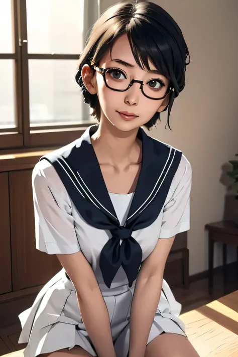 (masterpiece, highest quality), One Girl,  Satou, Satou, Glasses, Glasses with red frames, Sailor suit, Satou, Glasses, Glasses with red frames, 