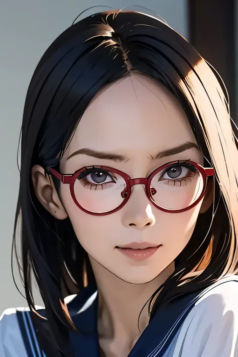(masterpiece, highest quality), One Girl,  Satou, Satou, Glasses, Glasses with red frames, Sailor suit, Satou, Glasses, Glasses with red frames, 