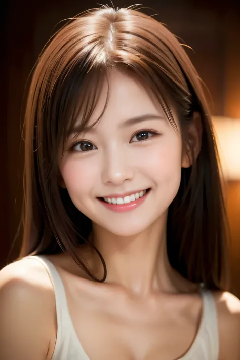 face focus, Portrait, best quality, super fine, 16k, beautiful cute woman smiling gently with ennui expression, background simple with warm atmosphere