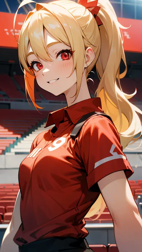 1 girl、anime painting、blonde ponytail、ahoge、beautiful red eyes、smile、vibrant colors、red shirt、red wristband、smile、from the side、...