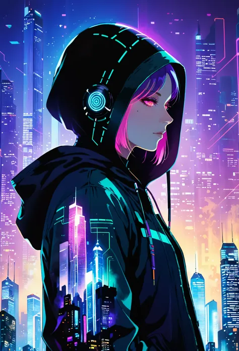 (bright cityscape pattern on clothes:2.4),(wide hood:1.4),(hood worn:3.1),solo,jacket,glowing,hooded jacket,((((((tall cyber bui...