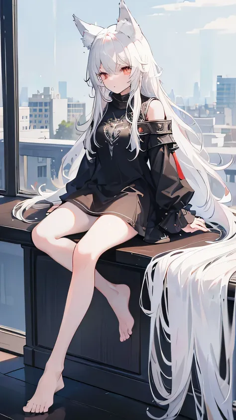 masterpiece,high quality:1.2,(whole body:1.2),((wolf ears)),(young woman),cute,((whole body)),alone,girl,(long white hair:1.3),(...