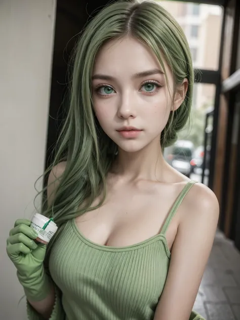 Hot girl, green hair, green eyes, very blush, casual cloathing, glove