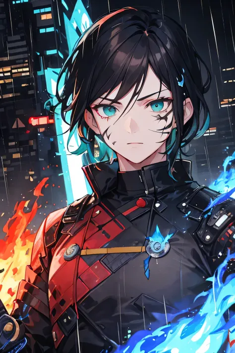 (Raining) (city) (Animated art style) (man with scars) (Cyberpunk) (Dual Swords on fire half blue fire half red fire) (dark green eyes) (Black hair) (green and brown Clothing) (man with scars) (two Katana) (guns) (Realistic) (Masculine face) (Strong man) (...