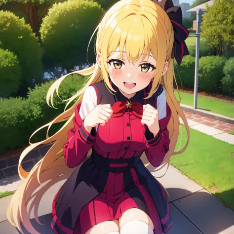 (masterpiece, best quality:1.2), 1girl, solo, clothed, in park, cute smile, blush.
