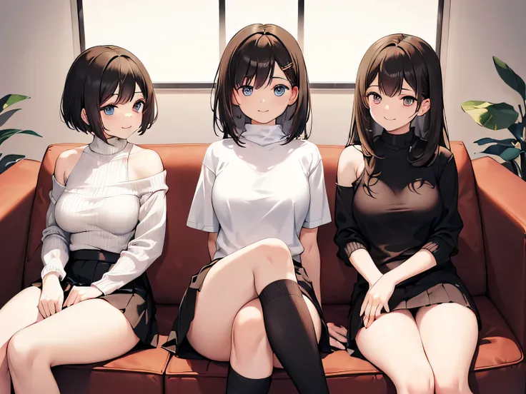 (Masterpiece, top quality, high resolution, realistic photo, realistic looking skin:1.1),
(Three women are sitting on a couch in a company break room:1.5),
(They have smiling faces:1.5),
(The first is 24 years old, wearing an off-the-shoulder knit, mini sk...