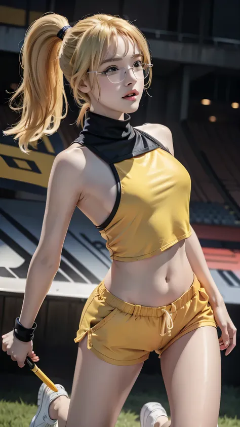 beautiful girl runner, 16 years old, Prepare to practice running, Lean over to tie your shoelaces..........................., Blond hair, Ponytail, bangs, Smile a little..........................., Wear glasses, ((Wear a sleeveless sports bar.................