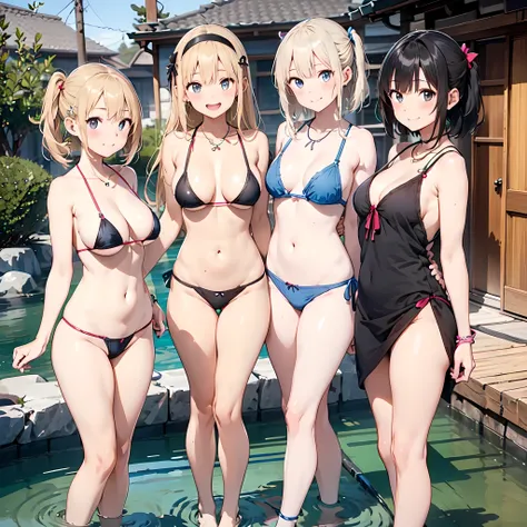 (three girls are sticking out their big butt boldly), (body shot), In a Japanese hot spring, Laughing with your mouth open, (slender), hair band, Headband, hair bobbles, brown hair, blond hair, navel, jewelry, looking at viewer, necklace, long hair, short ...