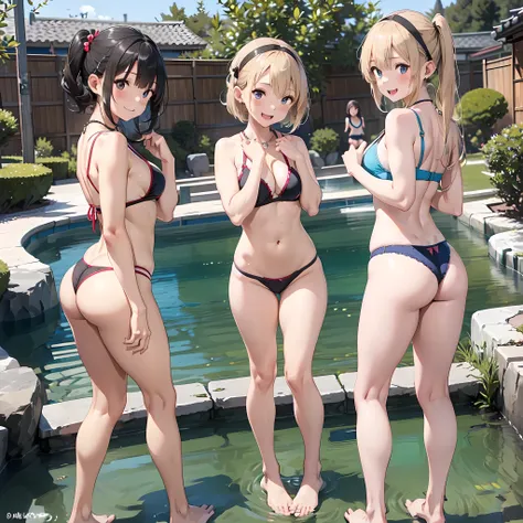 (three girls are sticking out their big butt boldly), (body shot), In a Japanese hot spring, Laughing with your mouth open, (slender), hair band, Headband, hair bobbles, brown hair, blond hair, navel, jewelry, looking at viewer, necklace, long hair, short ...