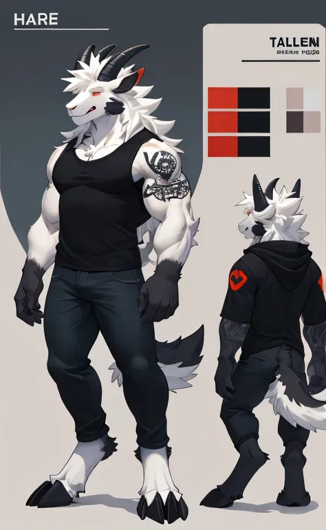 azazel, a pure white"goat", full body, red eyes , tattoo on neck, grin, smuggle, jeans and black shirt. anthropomorphic, furry c...