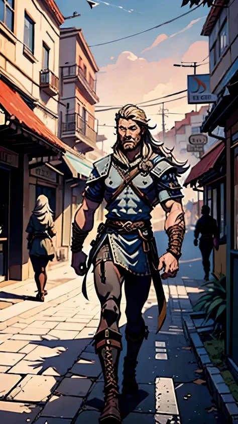 Um viking caminhando na rua de uma cidade futurista