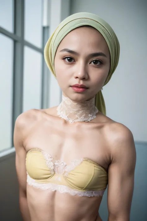 ((SHORT HIJAB)), ((Flat chest:1.7)), (dynamic photograph of a 58 year old Indonesian woman), (slim top, cotton panties), (straight non curly hair), (highly detailed face:1.4), (vascular muscles and abs:1.3), (background inside light, bright, private gym:1....