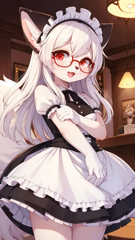 best quality,best resolution,(fluffy anthro furry :1.6),(young :1.6),cat girl,small breasts,white hair,long hair,wavy hair,curvy hair,white fur,red eyes,glistering eyes,sparkle eyes,huge circle glasses,maid outfit,maid headdress,maid gloves,ruffles,beautif...