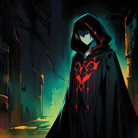 (Character Description:

A 19-year-old youth with a lightly defined face, black hair, and eyes.
Sporting a stern and questioning expression, with piercing gaze.
Clad in black attire, including a long black cape with a hood, currently hanging off his should...