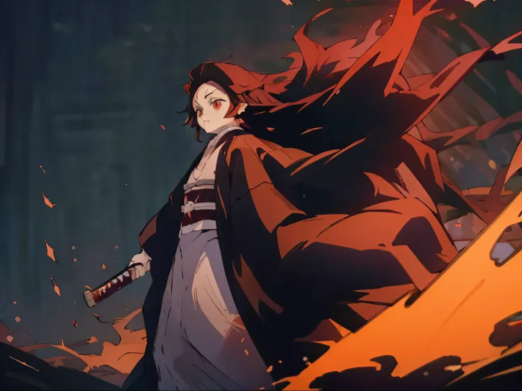 (((Good Quality))), (((High quality))),(((Well done face))), Black Hair, Red Eyes, Holding a katana in the left hand, Red katana with yellow eyes, Red kimono with black cloak, Tall stature, Long hair.