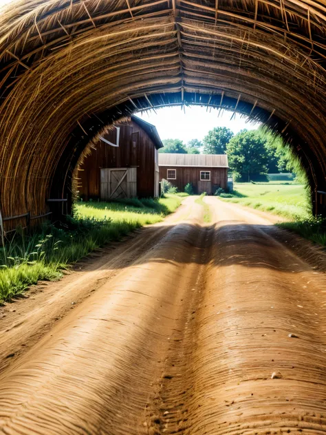 hyper realistic image of a dirt road leading up to a farm house, crops on the left, a barn on the right, tractor, bales of hay, ...