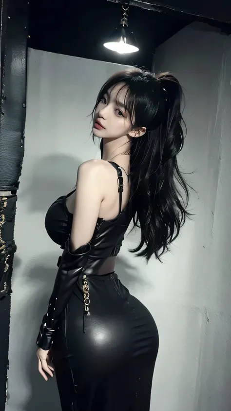 1girl, korean model women, messy hair, plumpy body, perfect body, tall body, (large breast:1.3), (medium butt:1.3), flirting pose, indoor, gothic interior background, gothic leather buckle dress, stylish, gothic style, gothic hair style, black hair, eye re...