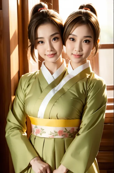 best resolution, 2heads,  korean woman with two heads , brown hair, blonde,  pixie cut and ponytail,  different faces, hanbok, i...