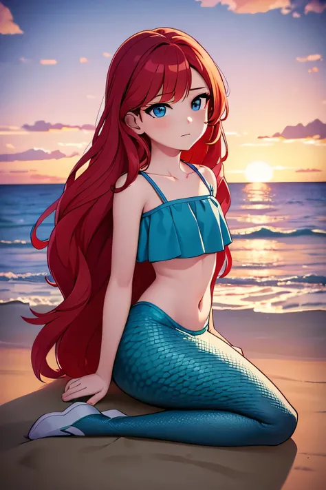 ruby 1 girl, Teenage, Long Red hair, Medium Hair, Blue eyes, bare shoulders, medium breast, aqua ruffle crop top, mermaid tail, scales on the mermaid’s tail, mermaid sitting on the beach, over the sea, beautiful purple sunset at beach, Sexy, masterpiece, H...