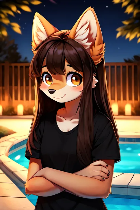 Antropomorphic fluffy yellow wolf young cute shy girl with long brown human hair and brown eyes dressed with a black t-shirt near a pool in the midnight, digital art