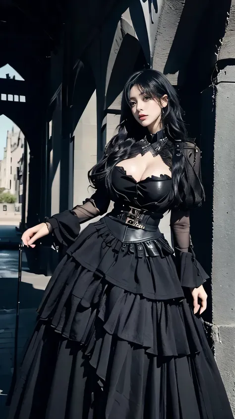 1girl, korean model women, messy hair, plumpy body, perfect body, tall body, (large breast:1.3), flirting pose, indoor, gothic interior background, gothic leather buckle dress, stylish, gothic style, gothic hair style, black hair, eye reflection, (gothic s...