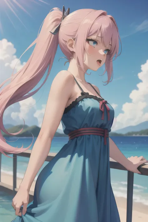 masterpiece, best quality, 1girl, ahegao, pink hair, blue eyes, side ponytail, blue dress