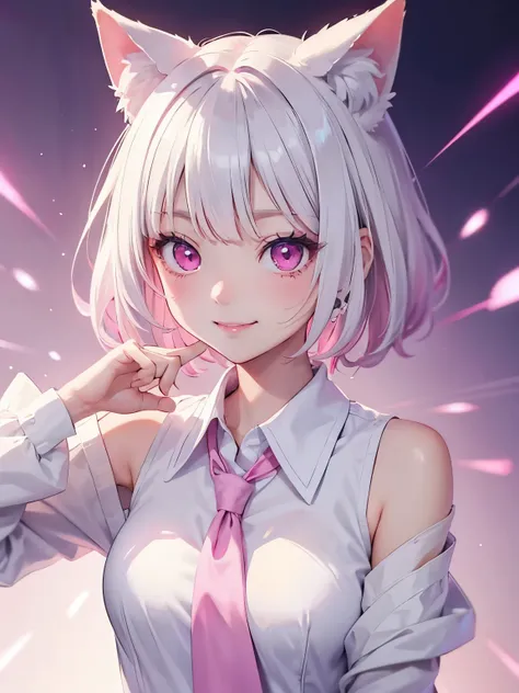 white hair. short hair. inner pink hair. anime girl. pink eyes. glowing eyes. nekomimi. smiling. white clotes. pink tie. small b...