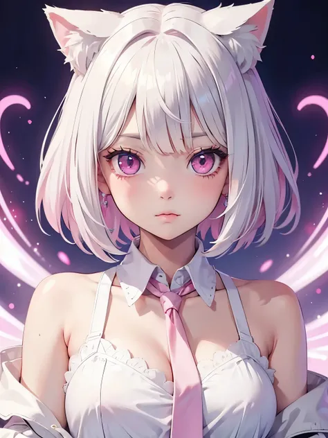 White hair. Short hair. Inner pink hair. Anime girl. Pink eyes. Glowing eyes. Nekomimi. Pouting. White clotes. Pink tie. Small breast.