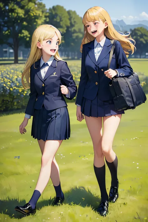 ((best quality)), ((masterpiece)), ((detailed)), (((perfect faces))), (((14yo teen girls in navy blue suit, skirts))), (((walking))), (((blonde hair))), (((laughing))), (((big wide eyes))), (((whole body))), (((grass field))), (((black shoes))), (((school ...