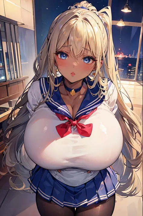 (masterpiece:1.2、highest quality、Tmasterpiece)、1 female、alone、classroom、Day、(Are standing)、whole body、blonde、ponytail、blue eyes、(Sailor suit:1.4)、(Dark Skin:1.4)、Big Breasts、Long sleeve、corset、Earrings、lipstick、(pantyhose:1.2)、Very sweaty、choker、Scrunchie、...