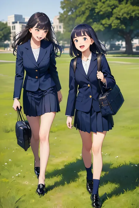 ((best quality)), ((masterpiece)), ((detailed)), (((perfect faces))), (((18yo teen girls in navy blue suit, skirts))), (((walking))), (((laughing))), (((big wide eyes))), (((whole body))), (((grass field))), (((black shoes))), (((school bags)))