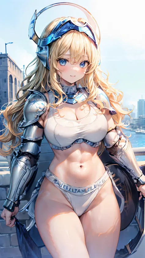 (Adult women:1.5)、Very detailed、highest quality、Best image quality、masterpiece、8k、Anime Face、A kind smile、Open your mouth、Sparkling blue eyes、(Blonde Wavy Hair:1.5)、、Muscles of the whole body、camisole、Thigh belt、mini skirt、(Wearing white bikini armor:1.5)、...