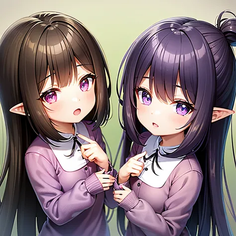 4 year old twin girls with purple eyes, greens with brown and black hair anime style