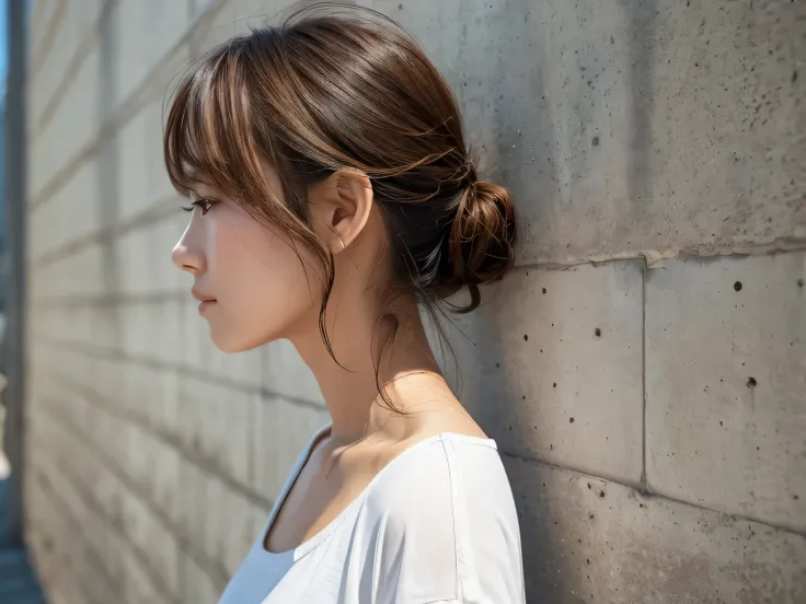 White shirt,Concrete wall with plain background,Light Brown Hair,Realistic skin texture,Slightly rough skin,Cute face,Japanese woman in her 20s,Medium hair over the shoulders ,Realistic skin texture,Profile of a person looking down,Coloring with streaks of...