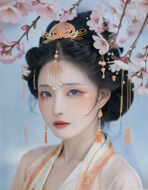 the image portrays an east asian woman in ancient chinese attire, radiating an ethereal aura. she wears a peach blossom hairpiec...