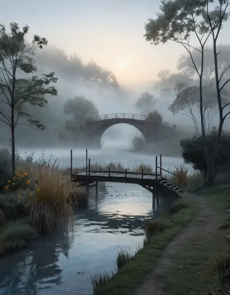 create an image for an extremely detailed cg unity 8k wallpaper, capturing the tranquil essence of early morning. the scene is s...