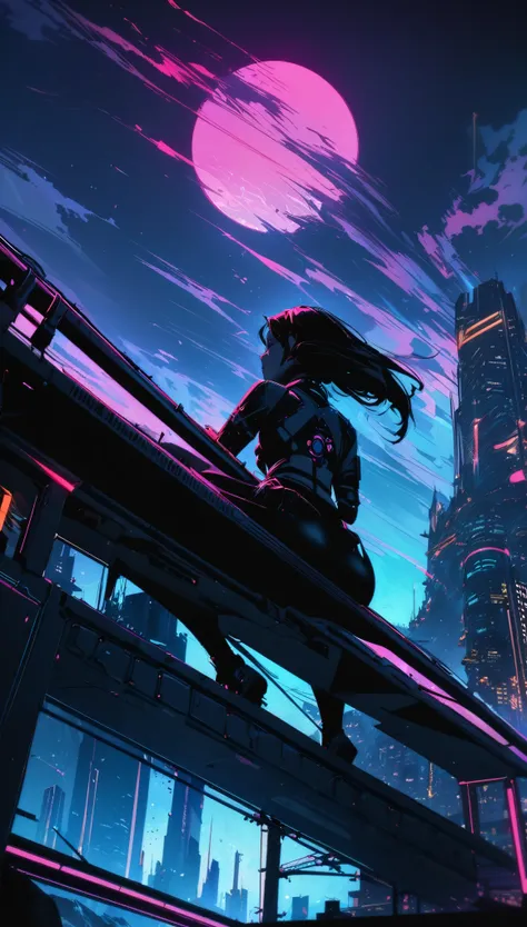 from below, best quality, super fine, 16k, incredibly absurdres, extremely detailed, two skyscrapers, back view of a woman sitting on a trapeze, wind, wind-effect, moonlit night view, (magnificent view:1.1) , cyberpunk, steampunk, dieselpunk, clockpunk, ar...