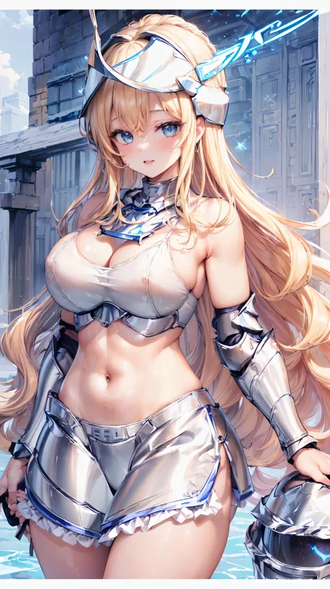 (Adult women:1.5)、Very detailed、highest quality、Best image quality、masterpiece、8k、Anime Face、A kind smile、Open your mouth、Sparkling blue eyes、(Blonde Wavy Hair:1.5)、、Muscles of the whole body、camisole、Thigh belt、mini skirt、(Wearing white bikini armor:1.5)、...