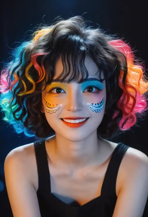 1girl, a dynamic, upper body portrait of a cute young woman with curly short hair, her joyous expression directed towards the viewer. Set against a dark theme, shes adorned with vibrant, Dia de los Muertos-inspired horror makeup, adding a pop of color to t...