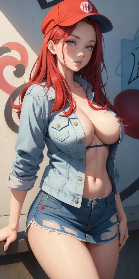 big breasts, 1girl, ((long red hair)) wearing a cap ((25 year old girl)) light blue eyes, has an extremely sexy body, with full breasts and a thin waist, and an extremely sexy body, in the HIP HOP style short denim jacket medium skirt delicate fabric, has ...