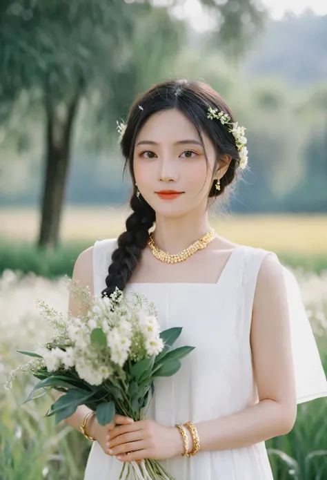 Film photography,Kodak gold 200 shooting,woman,Asian ethnicity,braided hair,white dress,holding flowers,natural light,bokeh background,portrait,serene expression,outdoors,daylight,fine art photography,soft focus,young adult,elegance,silver bracelet,floral ...